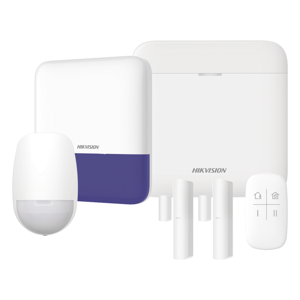 (AX PRO) KIT de Alarma AX PRO / Incluye: 1 Hub con bateria de respaldo / 1 Sensores PIR / 2 Contactos Magnéticos / 1 Control Remoto / 1 Sirena inalámbrica Exterior / WiFi / Compatible con Hik-Connect P2P