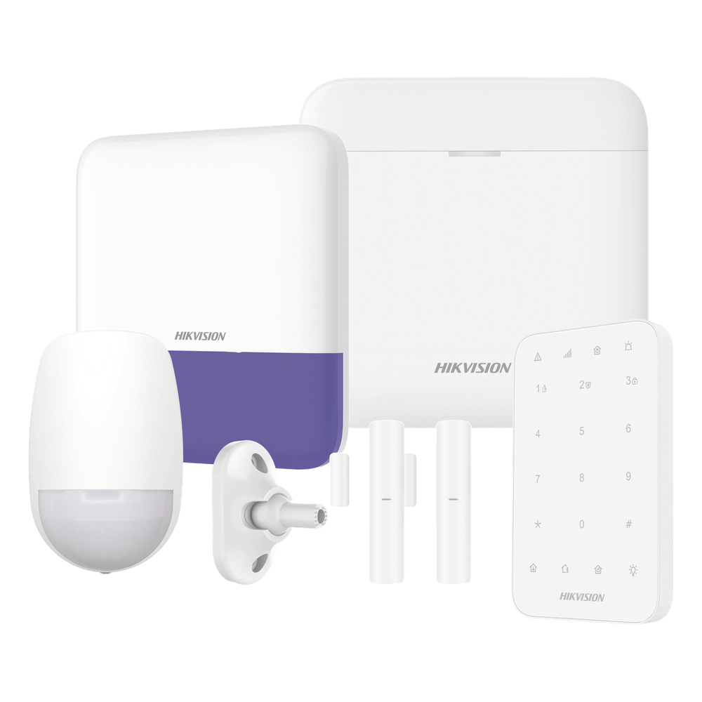 (AX PRO) KIT de Alarma AX PRO / Incluye: 1 Hub con bateria de respaldo / 1 Sensores PIR / 1 montaje Universal para PIR / 2 Contactos Magnéticos / 1 Teclado / 1 Sirena inalámbrica Exterior / WiFi / Compatible con Hik-Connect P2P