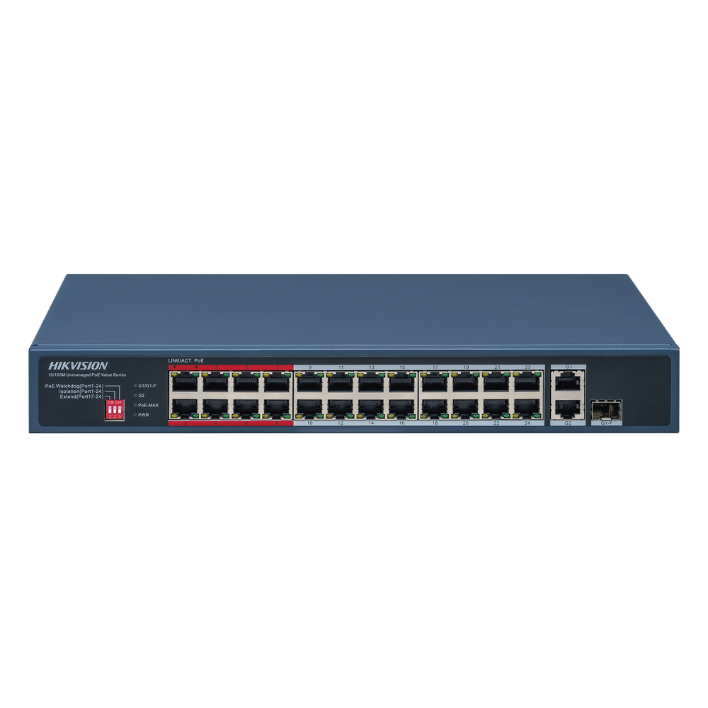 Switch no administrable 24 puertos, PoE+, Gigabit, 1 puertos SFP, 230 W