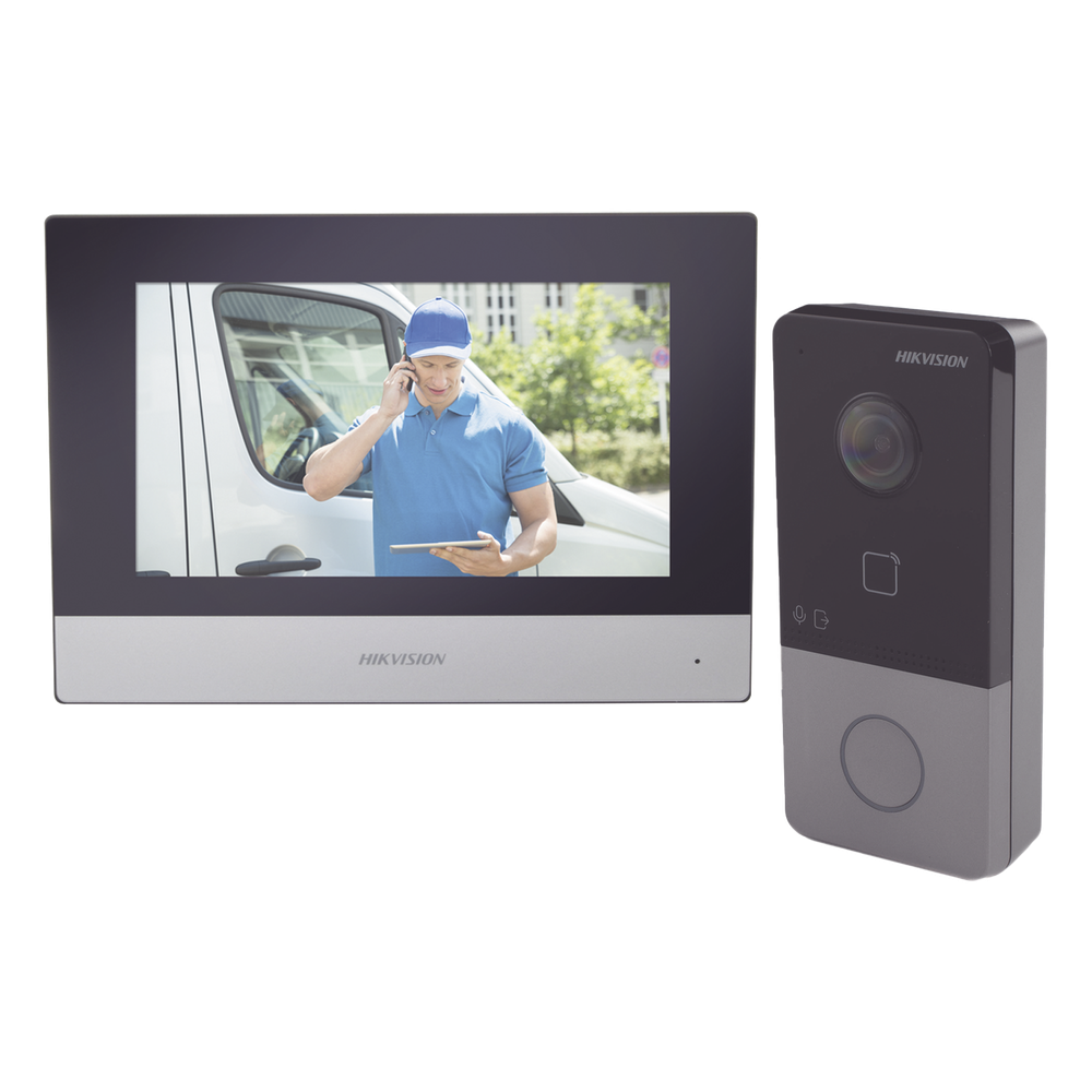 [DS-KIS603-P] Kit de Videoportero IP Poe Estandar con llamada a App de Smartphone (HikConnect) / Apertura con tarjeta MIFARE / Frente de calle IP65 / Soporta 1 Departamento