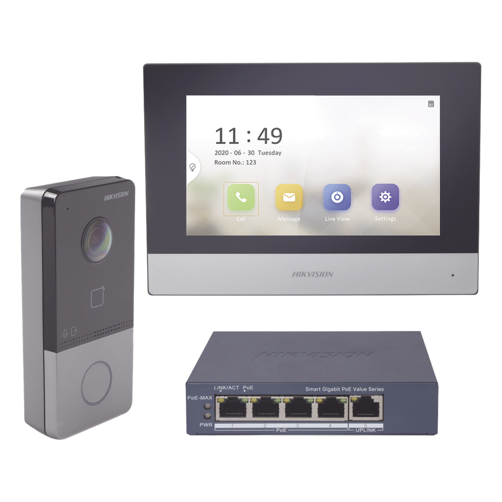 [DS-KIS603-P/S] Kit de Videoportero IP + Switch PoE Estándar con llamada a App de Smartphone (HikConnect) / Apertura con tarjeta MIFARE / Frente de calle IP65 / Soporta 1 Departamento