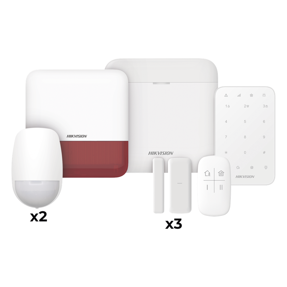 (AX PRO) KIT de Alarma AX PRO / Incluye: 1 Hub / 2 Sensores PIR / 3 Contactos Magnéticos mini / 1 Control Remoto / 1 Sirena Estrobo en color Rojo Inalámbrica Exterior / 1 Teclado Inalámbrico / Wi-Fi / Compatible con Hik-Connect P2P