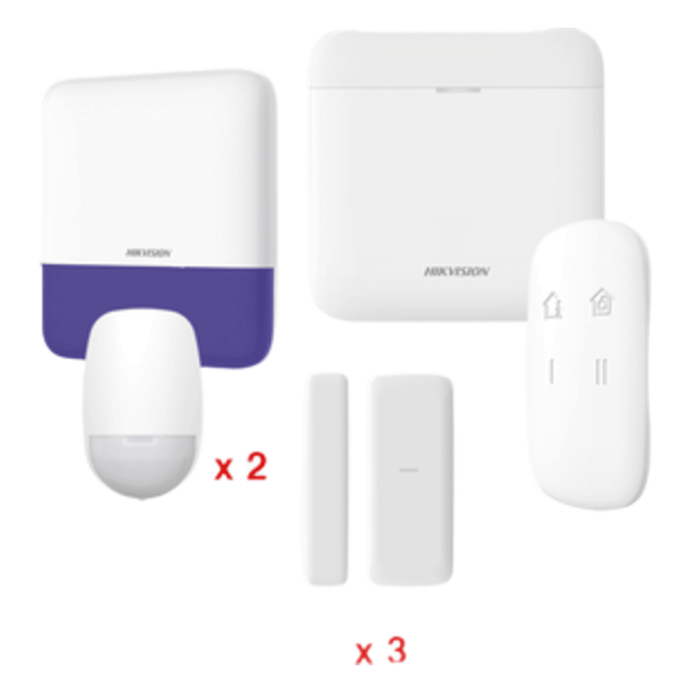 (AX PRO) KIT de Alarma AX PRO / Incluye: 1 Hub con batería de respaldo / 2 Sensores PIR / 3 Contactos Magnéticos mini / 1 Control Remoto / 1 Sirena inalámbrica Exterior / WiFi / Compatible con Hik-Connect P2P