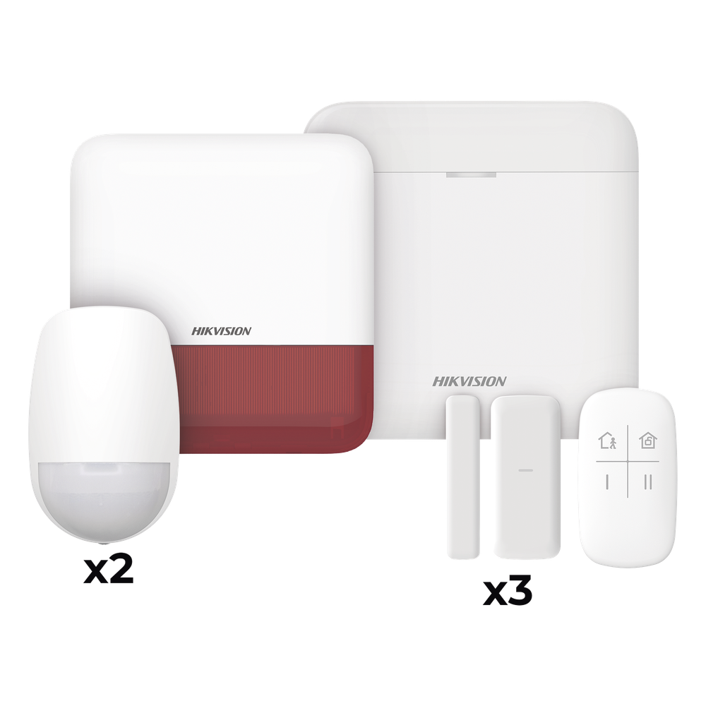 [DS-PWA48-KV2(R)] (AX PRO) KIT de Alarma AX PRO / Incluye: 1 Hub con batería de respaldo / 2 Sensores PIR / 3 Contactos Magnéticos mini / 1 Control Remoto / 1 Sirena inalámbrica Exterior color rojo / WiFi / Compatible con Hik-Connect P2P