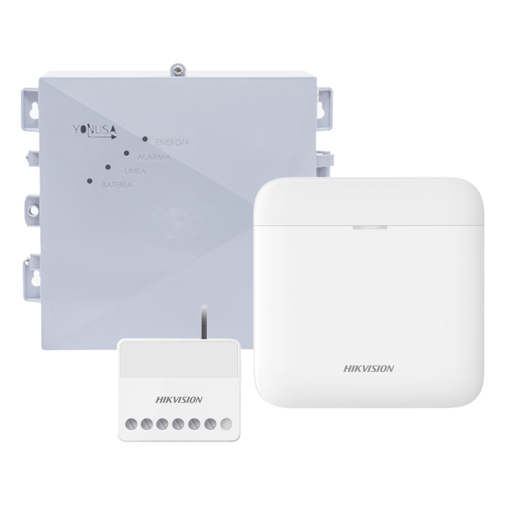 [DS-PWA48-SYSNG] (AX PRO + YONUSA) KIT de Alarma AX PRO / Incluye: 1 Hub con bateria de respaldo / 1 Energizador 2500Mts Lineales / 1 Relevador 0 a 36 Vcc (Max. 5 A) con Entrada de Alarma 27 / 7