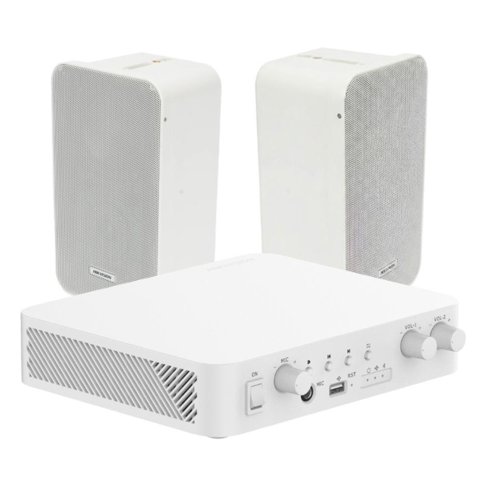 [DS-QAE-KIT-0420G] Kit de amplificador con bluetooth | 2 altavoces para pared | Sistema 100V | 2 Canales con Control de volumen Independiente | Música Ambiental