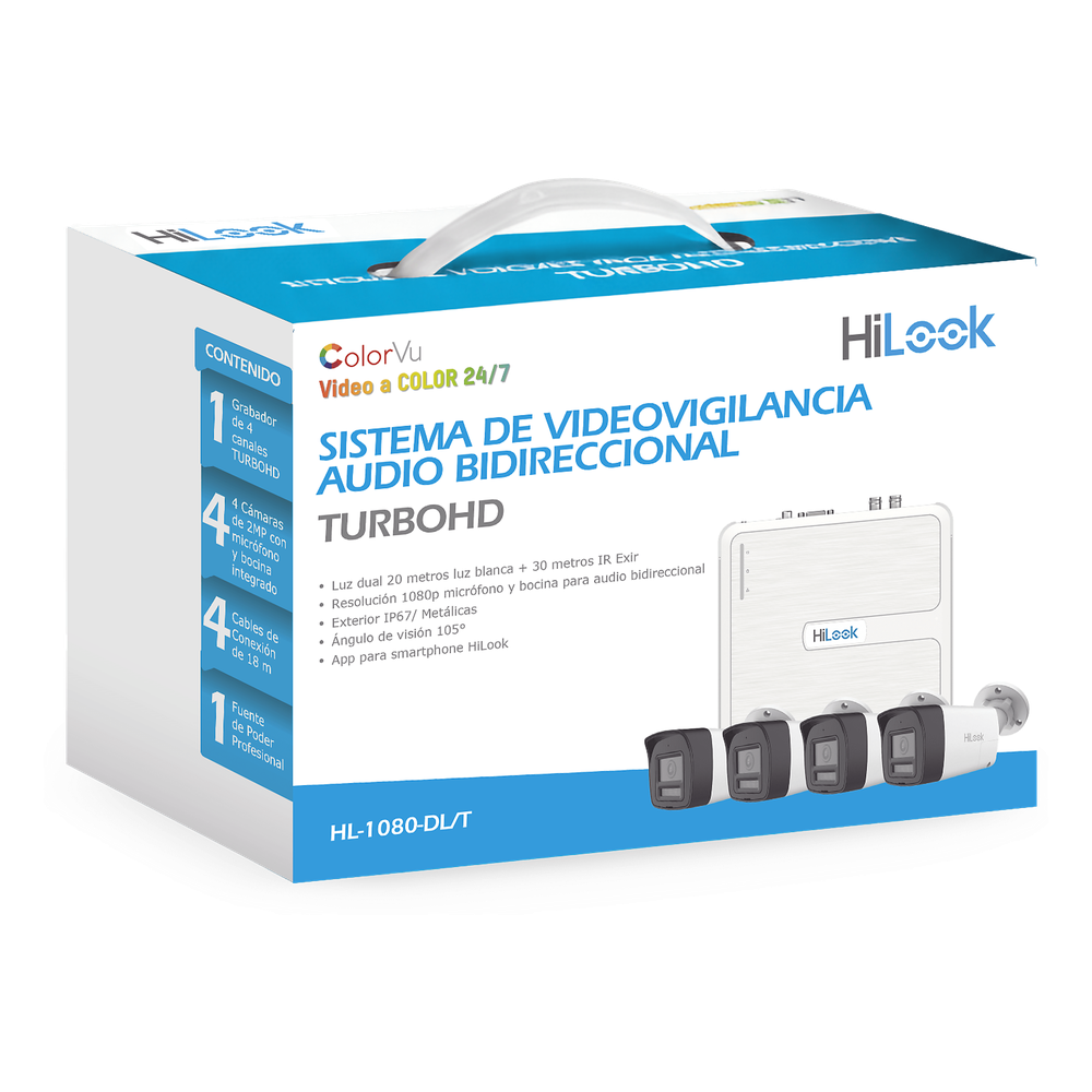 [HL-1080-DL/T] Kit TurboHD 1080p / DVR 4 canales / 4 Cámaras Bala de Policarbonato / Audio Bidireccional / Dual Light (IR + Luz Blanca) / H.265+ / 1 Fuente de Poder Profesional / Accesorios de Instalación
