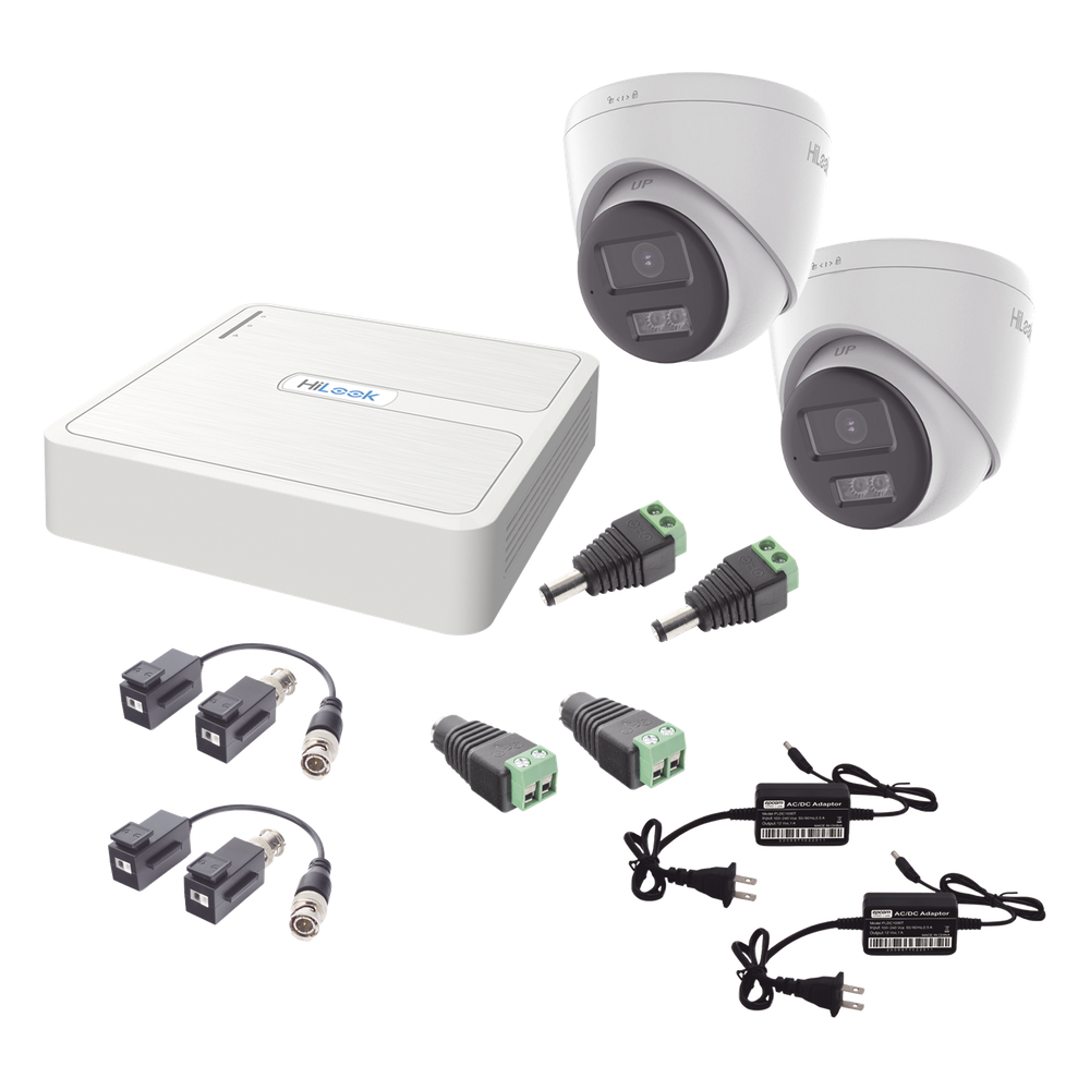 [HL-1080P-2E-TWA] Kit HiLook Audio Bidireccional TurboHD 1080p / DVR 4 Canales / 2 Cámaras Turret (Exterior) con Bocina y Microfóno Integrado / 2 Fuentes de Poder / Accesorios