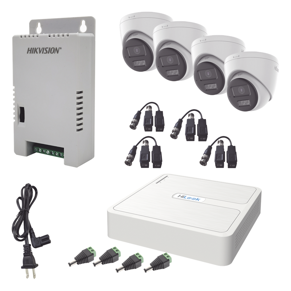 [HL-1080P-4E-TWA] Kit HiLook Audio Bidireccional TurboHD 1080p / DVR 4 Canales / 4 Cámaras Eyeball (Exterior) con Bocina y Microfóno Integrado / 1 Fuente de Poder / Accesorios