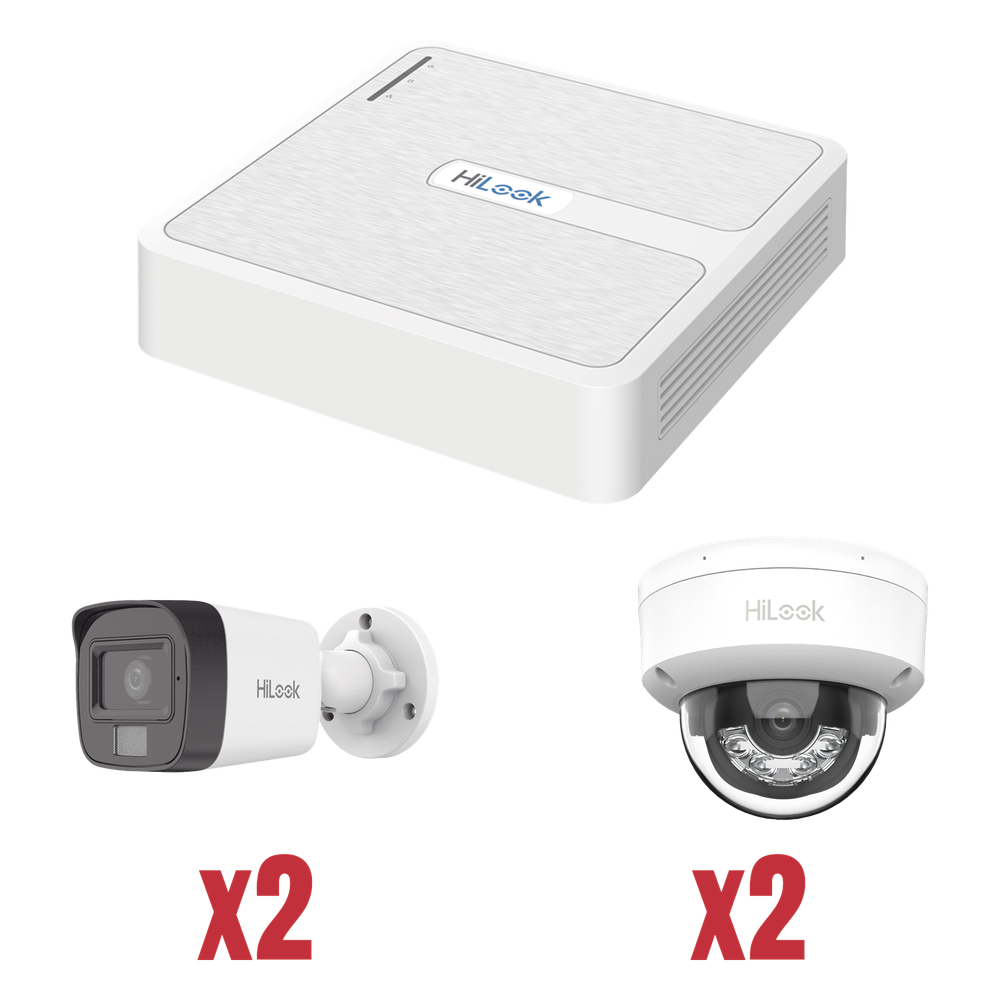 Kit IP 1080p (2 Megapixel) / NVR de 4 Canales con 4 Puertos PoE / 2 Cámaras IP Bala para Exterior con micrófono y Dual light / 2 Cámaras IP Domo para Exterior
