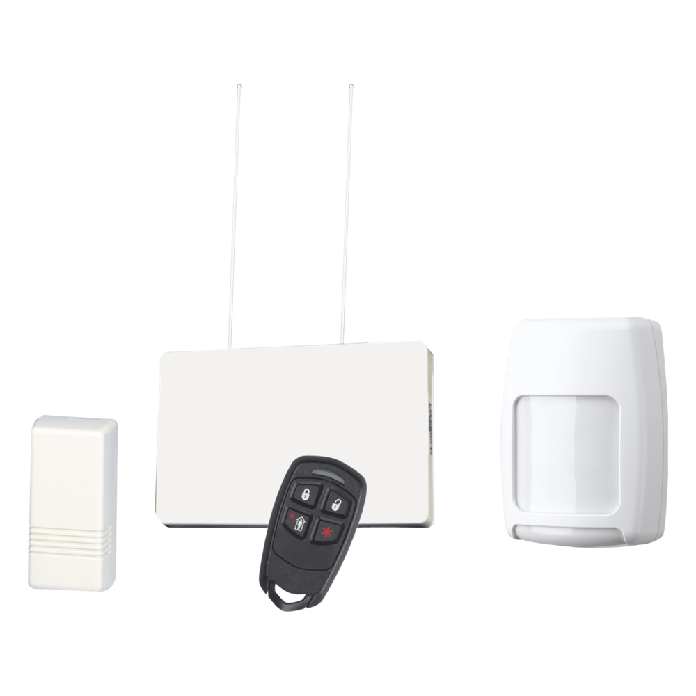 [KITRFHII] Kit inalámbrico con receptor, contactos magnéticos, detector de movimiento PIR y control remoto de 4 botones para panel de alarma Honeywell serie Vista