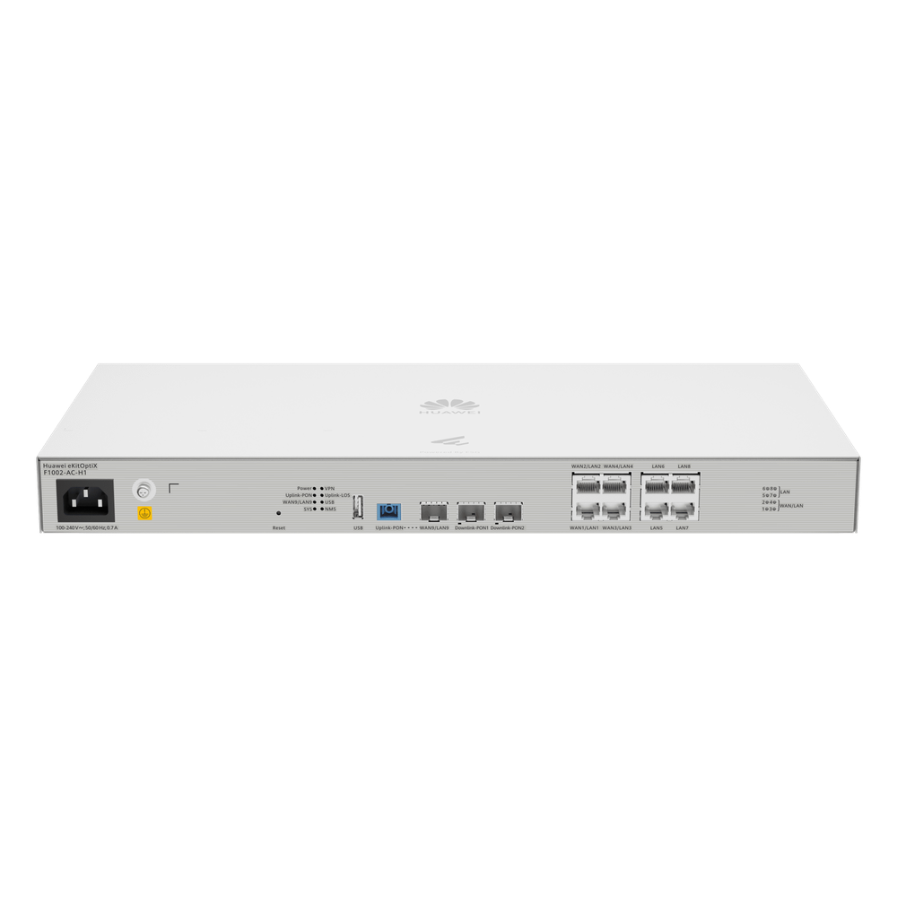 [F1002-AC-H1] OLT Mini FTTh eKit 2 Puertos GPON (Incluye módulos C+) + 1 Puerto Uplink XGS-PON + 4 Puertos WAN / LAN Gigabit + 4 Puertos LAN Gigabit / All-In-One (Router, Switch, OLT, Controladora) / Libre de licenciamiento