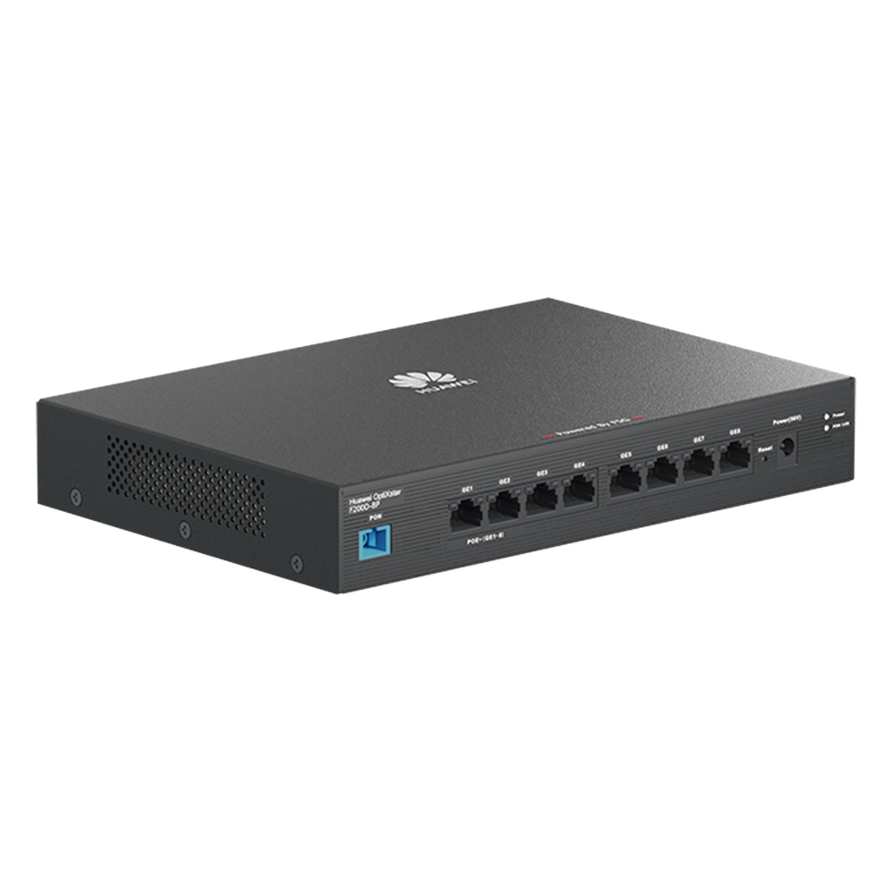 [F200D-8P] HUAWEI MiniFTTO - ONU PoE / 8 puertos 10 / 100 / 1000Mbps PoE + 1 PON (SC / UPC) / Downstream 2.488 Gbps / Upstream 1.244 Gbps / modo puente / 120 W / Administración Nube