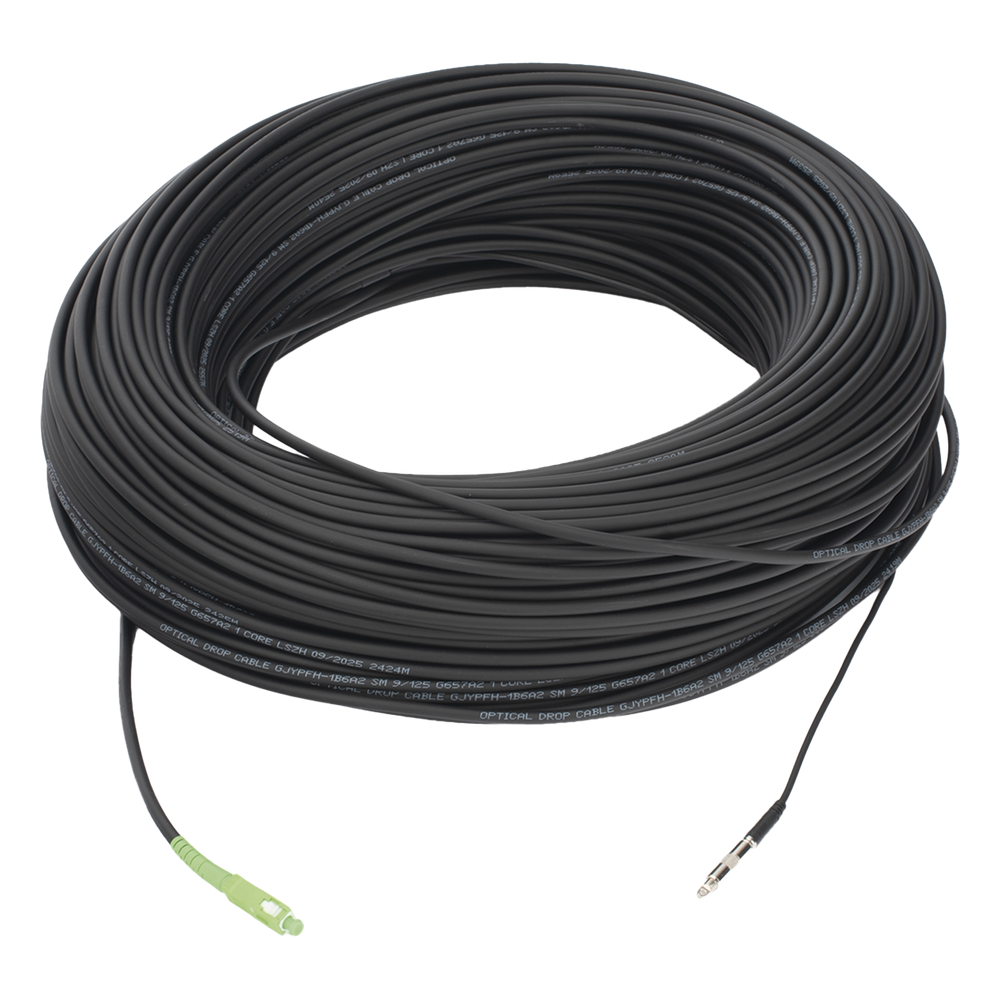 [LP-200-SCA] Rollo de Fibra Óptica Drop Redonda G657A2 Monomodo Simplex de 200 Metros con Conectores SC / APC-SC / APC para Instalaciones Aéreas, Subterráneas o a la Intemperie