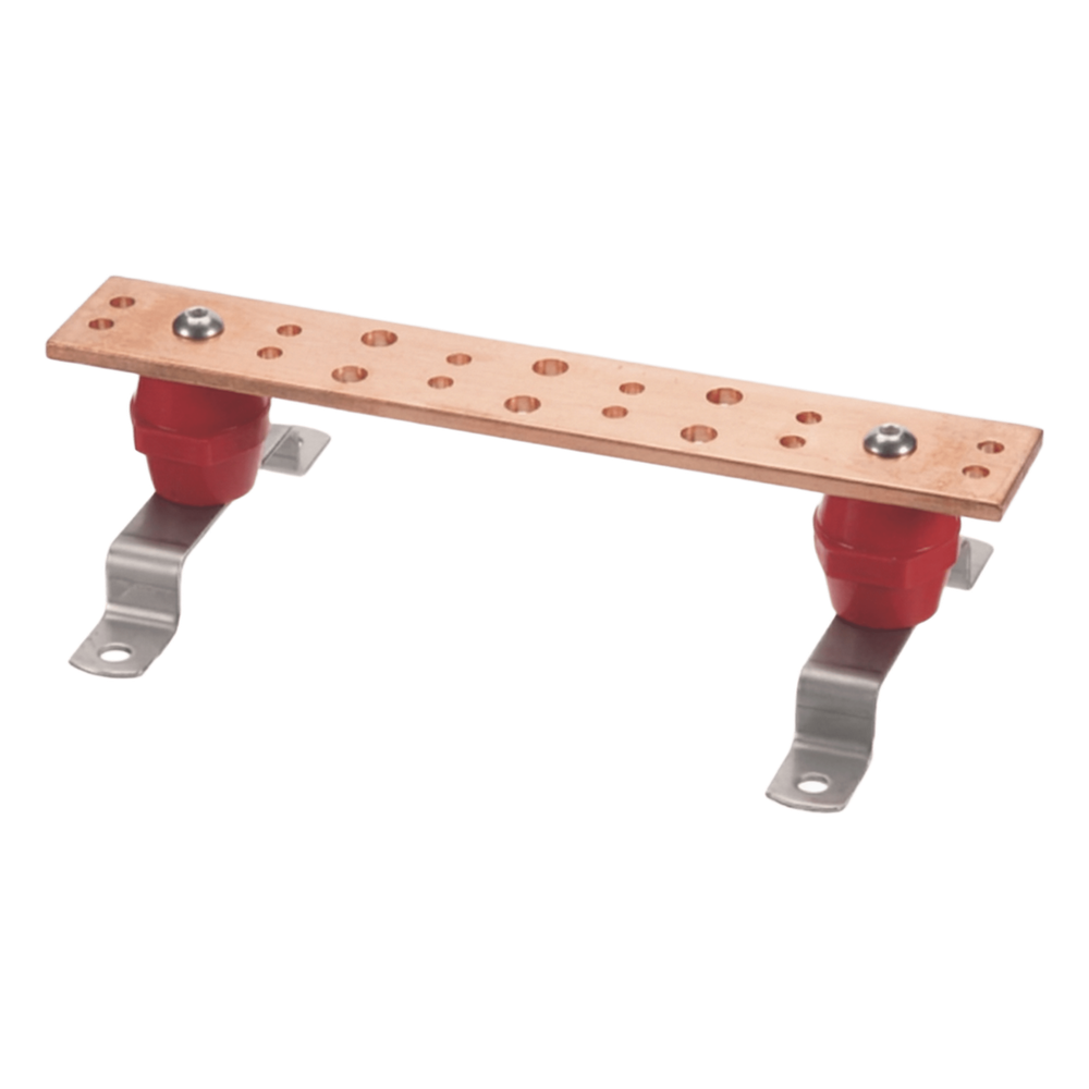 Barra Unión Telecom TMGB / 12 x 2 x 1 / 4 in / Cobre 100% / 6+12 Orificios / montaje Muro Incluido / Aisladores Rojos / J-STD-607-A