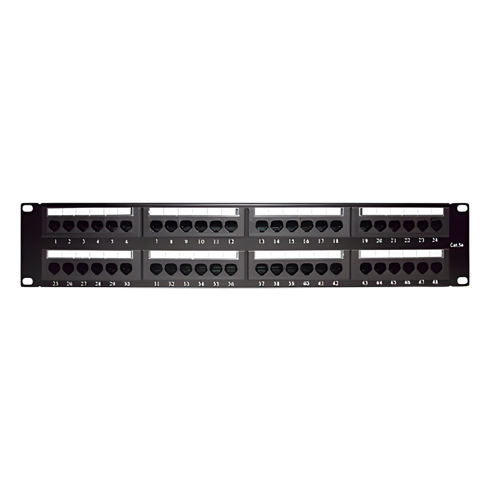 [LP-PP-508] Panel de Parcheo de Impacto (110) UTP de 48 Puertos Cat5e 19 Pulgadas (48.26 cm), 2U con Barra para Organizar Cable