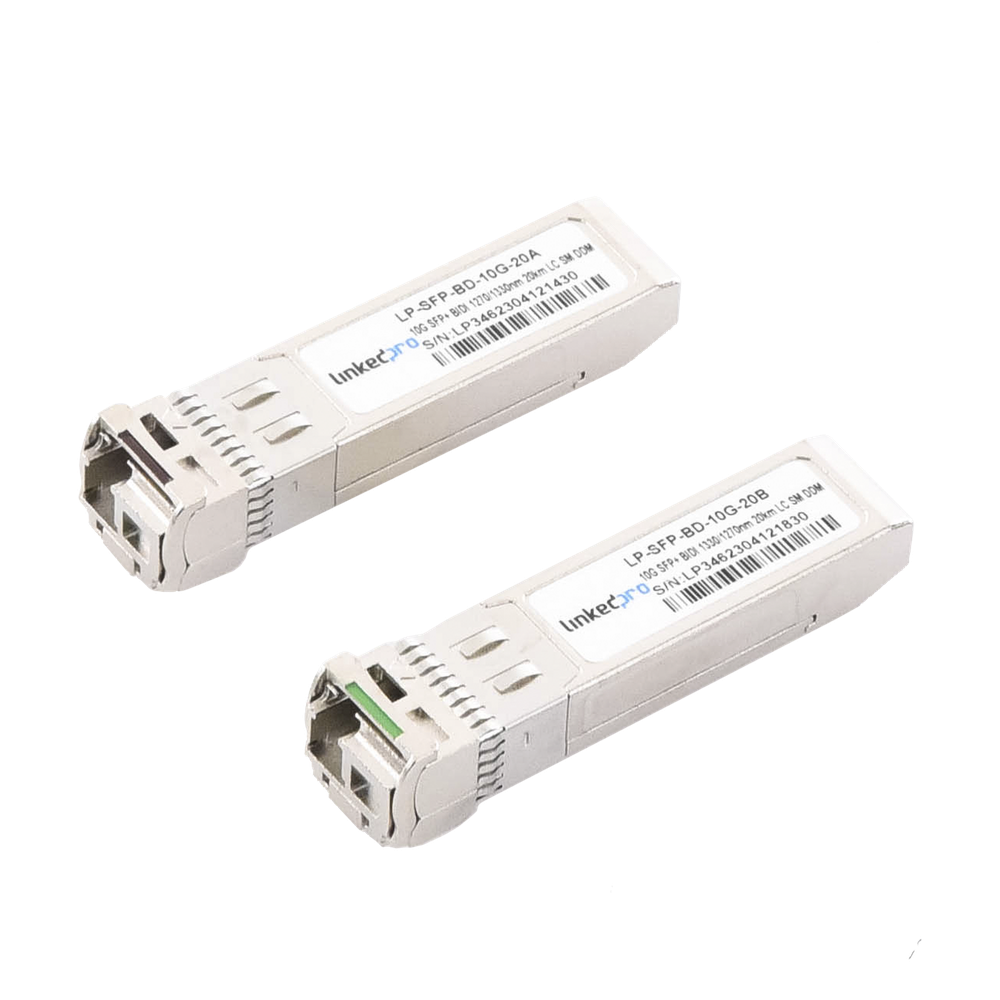 Transceptores Ópticos Bidireccionales SFP+ (Mini-Gbic) / Monomodo 1270 & 1330 nm / 10 Gbps / 1000BASE-BX / Conector LC / UPC Simplex / DDM / Hasta 20 km / 2 Piezas