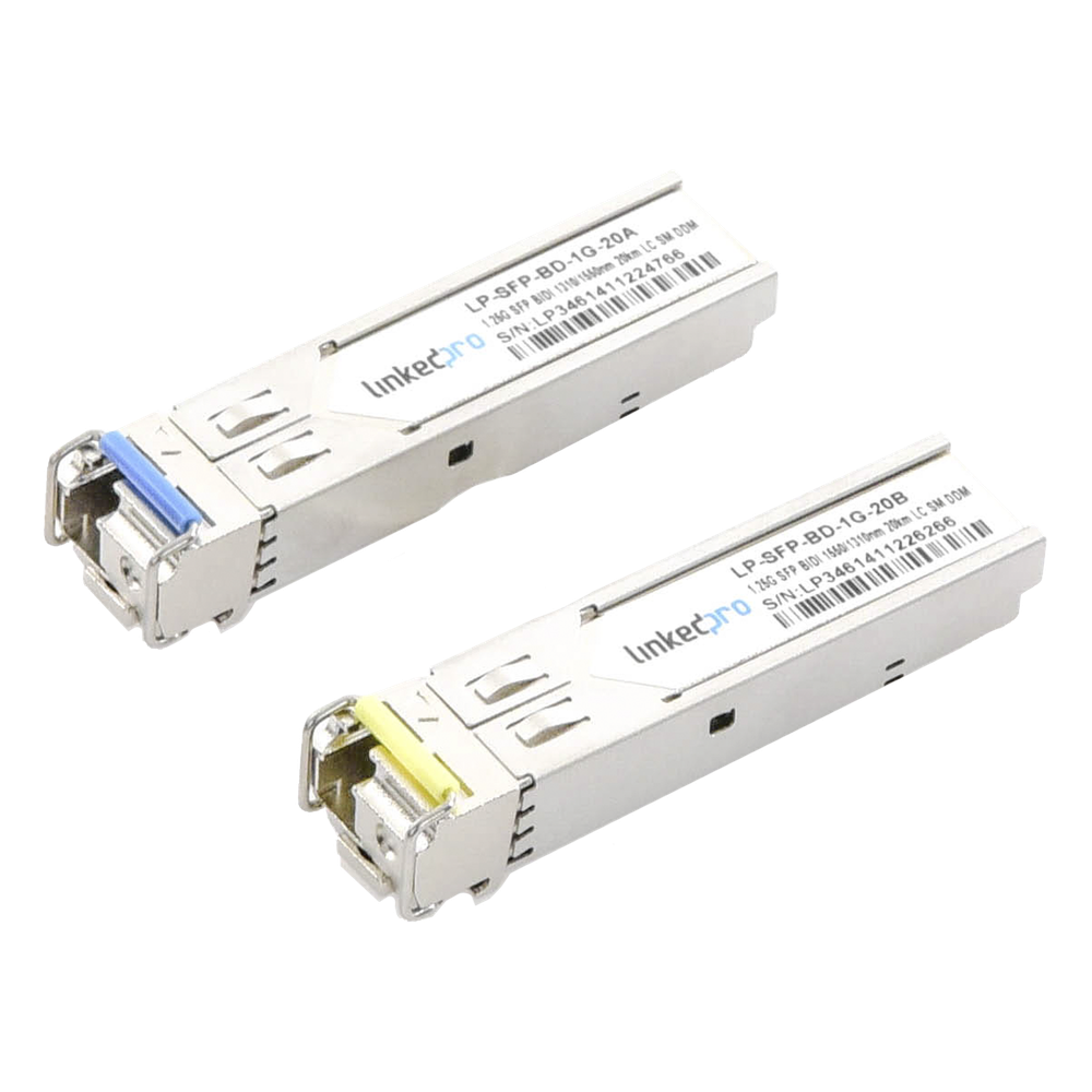 Transceptores Ópticos Bidireccionales SFP (Mini-Gbic) / Monomodo 1310 & 1550 nm / 1.25 Gbps / 1000BASE-BX / Conector LC / UPC Simplex / DDM / Hasta 20 km / 2 Piezas