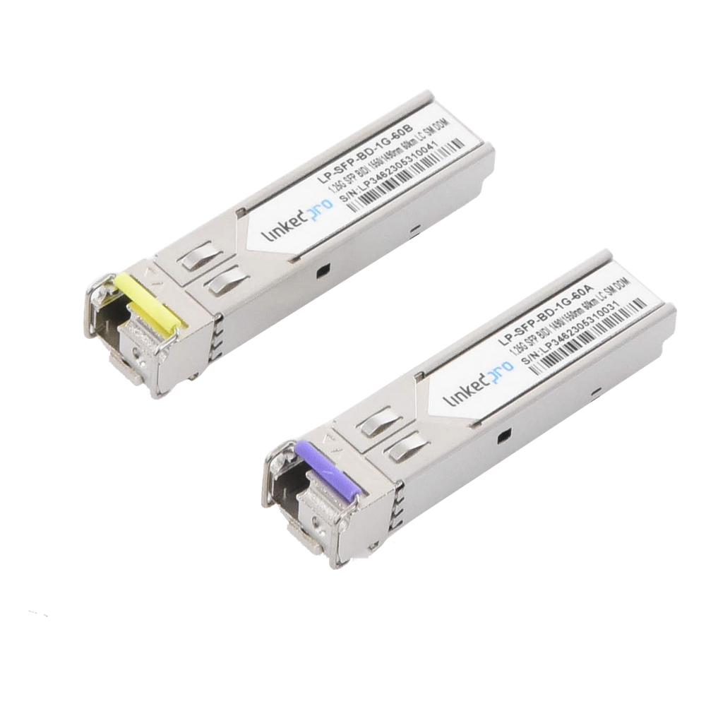Transceptores Ópticos Bidireccionales SFP (Mini-Gbic) / Monomodo 1490 & 1550 nm / 1.25 Gbps / 1000BASE-BX / Conector LC / UPC Simplex / DDM / Hasta 60 km / 2 Piezas