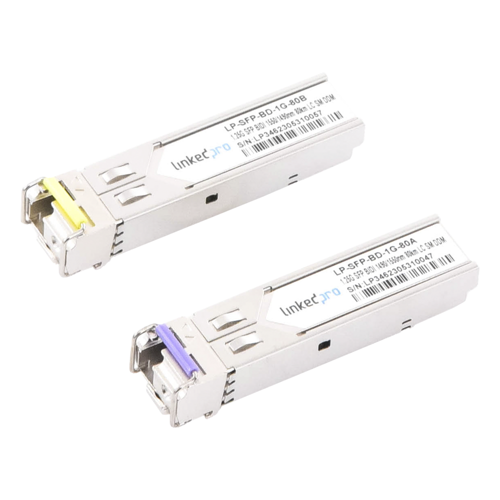 Transceptores Ópticos Bidireccionales SFP (Mini-Gbic) / Monomodo 1490 & 1550 nm / 1.25 Gbps / 1000BASE-BX / Conector LC / UPC Simplex / DDM / Hasta 80 km / 2 Piezas