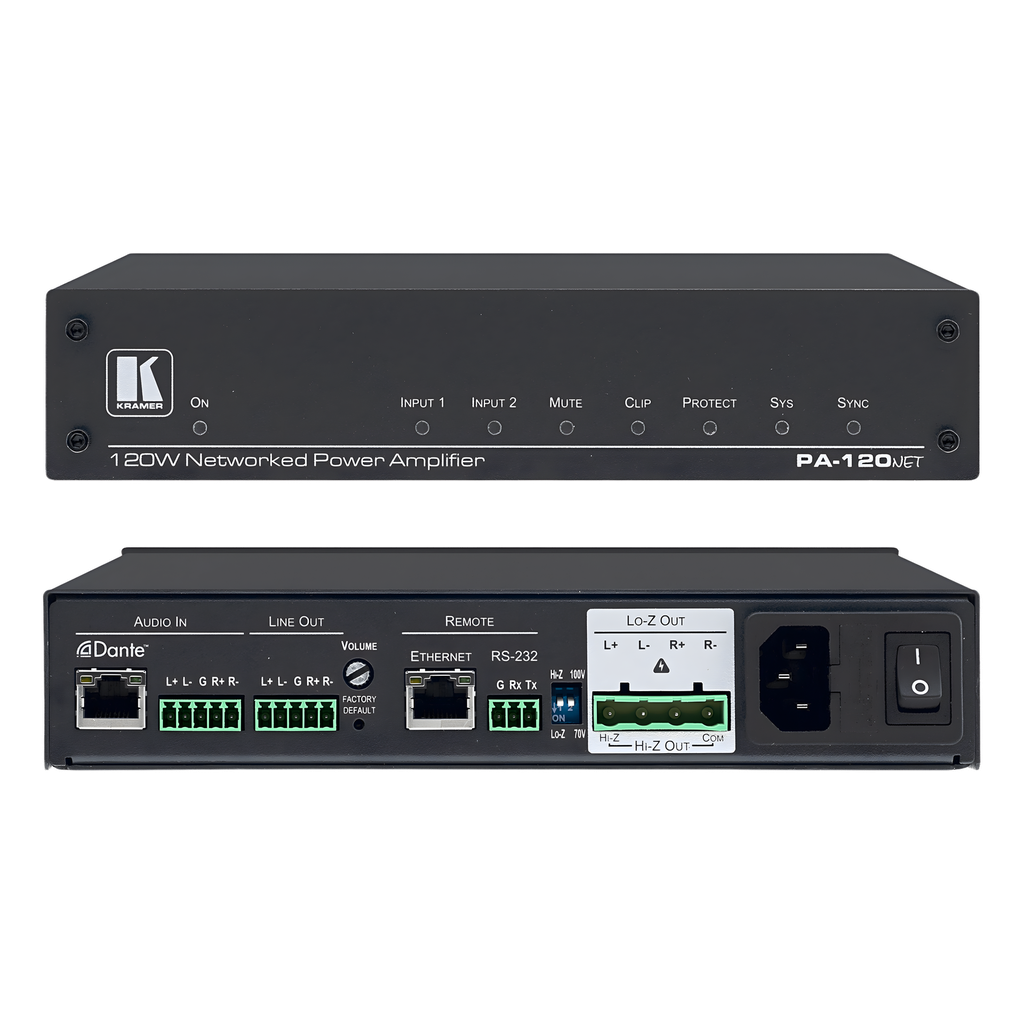 Amplificador de Potencia | 120W | Dante | DSP Integrado | Hi-Z 70V-100V | Lo-Z 4Ω-8Ω | RS-232 | Control IP