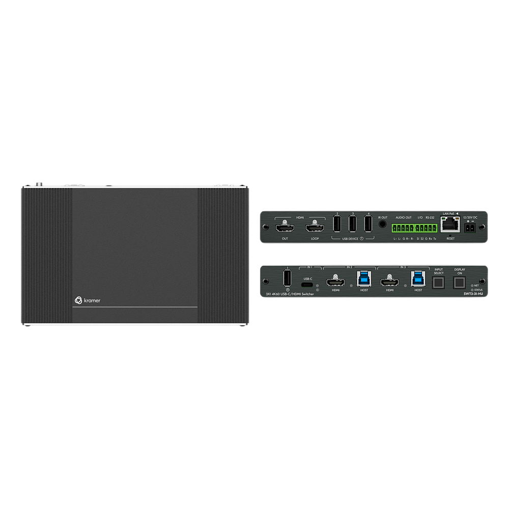 Auto-Switcher | 1 USB-C + 2 HDMI / USB Inputs | HDMI Output | USB 3.2 Switching | 4K@60Hz | HDCP 2.3 | PoE | MegaTOOLS Enclosure