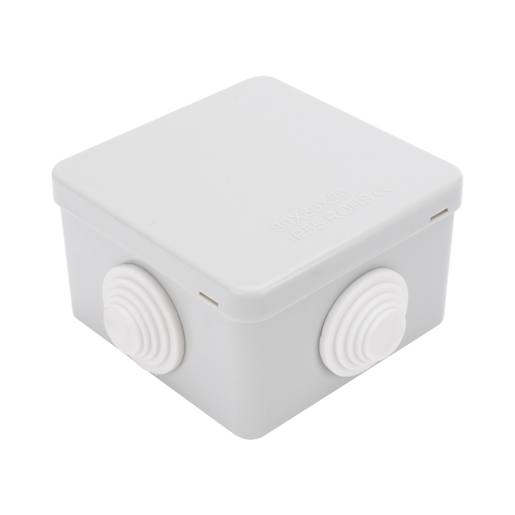Caja de Derivación-Conexión para Exterior IP55 con 4 Entradas / 80 x 80 x 50 mm (3.1 x 3.1 x 2 in) / Sellado Seguro con Empaque + 4 Tornillos / Resiste Agua, Polvo y Sol Directo