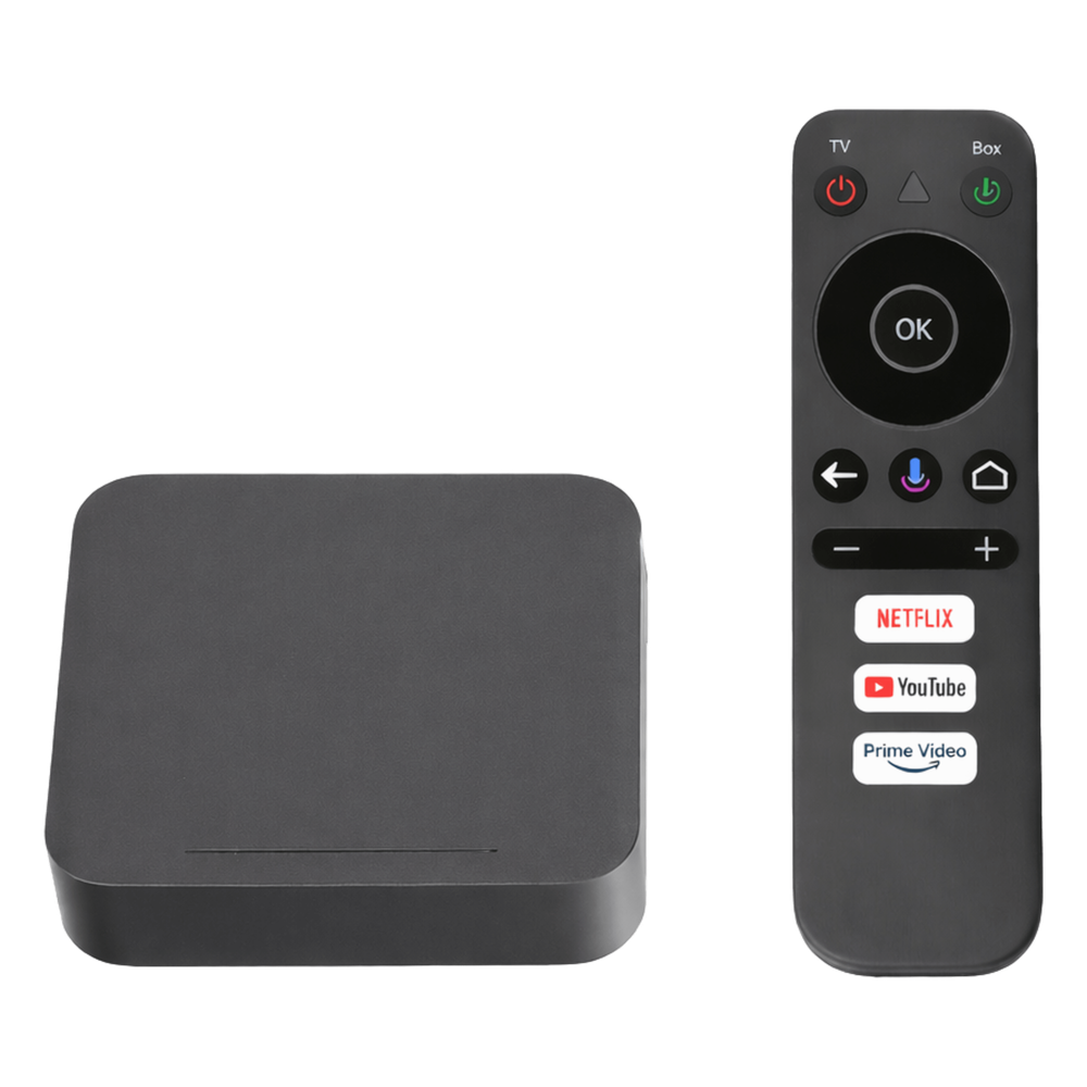 STB 4K Android con Google TV / Alto Rendimiento / Conexión Wi-Fi y por Cable / Control Remoto Bluetooth / Salida HDMI / APP Hik Connect Pre-instalada / Software de Gestion para ISPs / Para modo desarrollador leer la nota en la descripcion