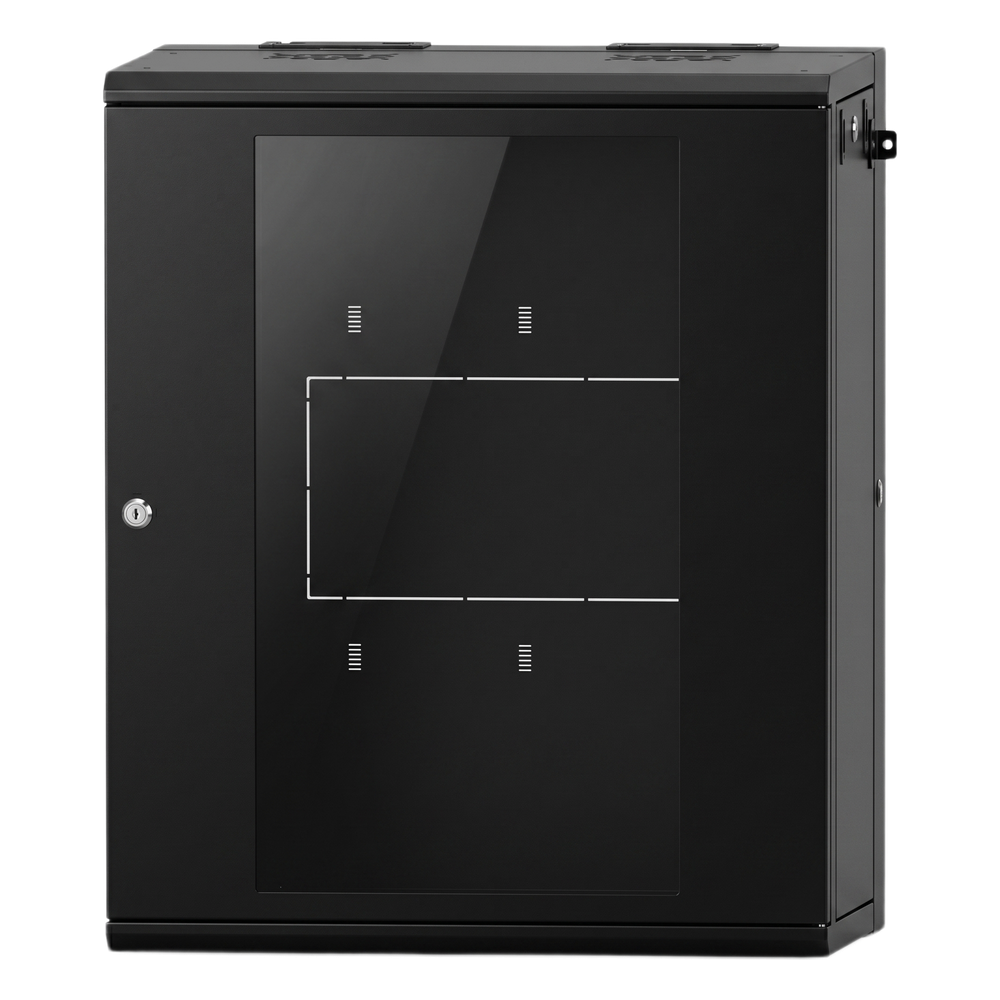 Gabinete Rack / 16 Unidades Rack (UR) / Puerta Cristal Templado / montaje Pared / Acero Calibres 18-22 / Abatible 120° / Ventilación 120 mm