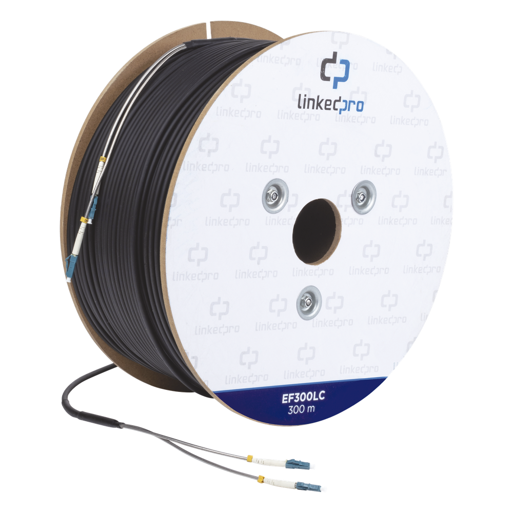 [EF-300-LC] Carrete de Fibra Óptica Monomodo con Conectores LC-LC Duplex, Reforzada con Kevlar, de 300 Metros (984.25 Pies), Para Instalaciones Subterráneas por Tubería