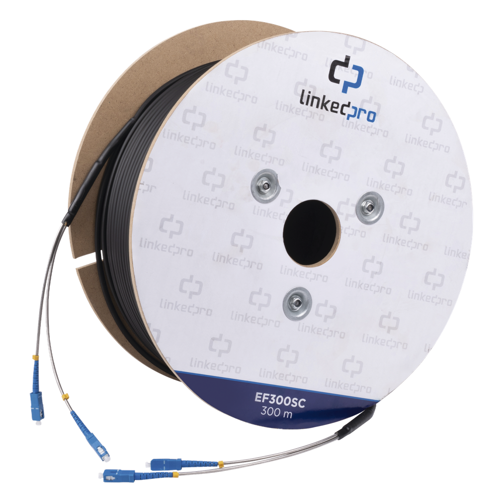 [EF-300-SC] Carrete de Fibra Óptica Monomodo con Conectores SC-SC Duplex, Reforzada con Kevlar, de 300 Metros (984.25 Pies), Para Instalaciones Subterráneas por Tubería