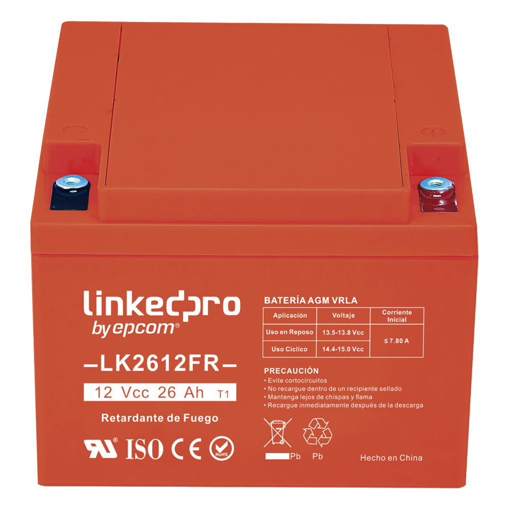[LK2612FR] Batería de respaldo 12 V| 26 Ah | AGM | Certificada UL94-V0 Retardante a la Flama | Especial para Seguridad Electrónica | UPS | Sistemas de Emergencia | Vida útil 5 años | Terminales T1
