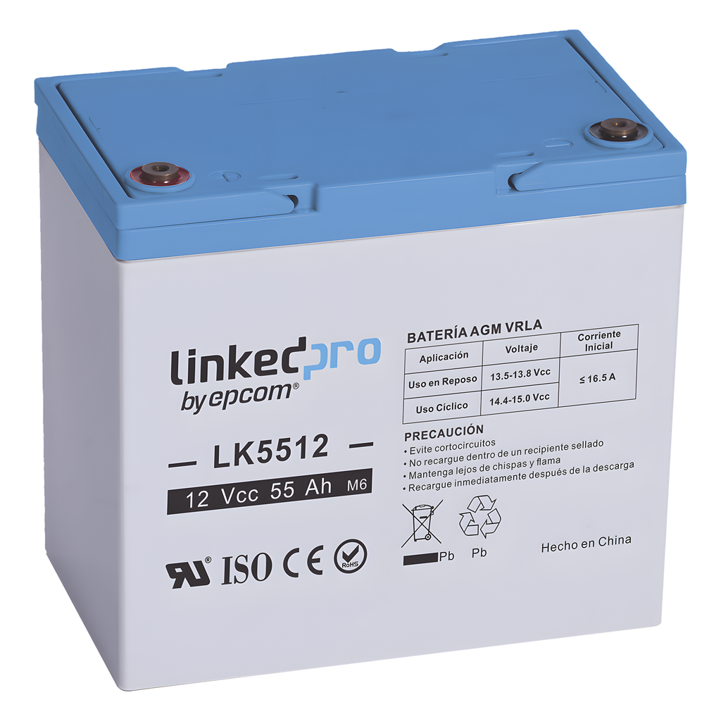 [LK5512] Batería de respaldo 12 V | 55 Ah | AGM | Especial para Seguridad Electrónica | UPS | Sistemas de Emergencia | Vida útil 5 años | Terminales T2