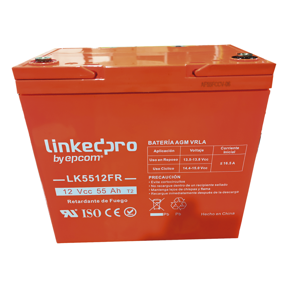 [LK5512FR] Batería de respaldo 12 V | 55 Ah | AGM | Certificada UL94-V0 Retardante a la Flama | Especial para Seguridad Electrónica | UPS | Sistemas de emergencia | Vida útil 5 años | Terminales T2