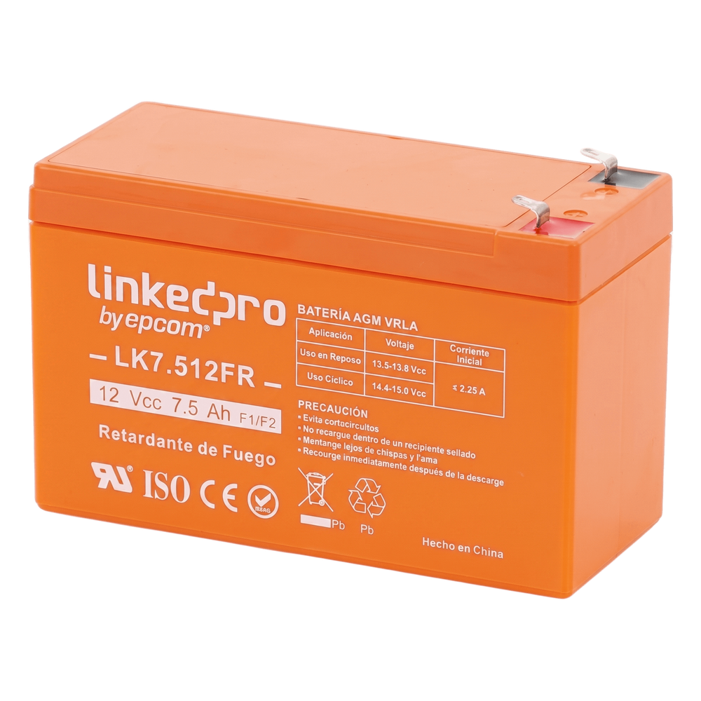 [LK7.512FR] Batería de respaldo 12 V | 7.5 Ah | AGM | Certificada UL94-V0 Retardante a la Flama | Especial para Seguridad Electrónica | UPS | Sistemas de Emergencia | Vida útil 5 años | Terminales F1 + Adaptador F2