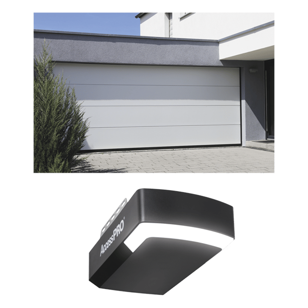 KIT COMPLETO Puerta de Garage 12x9 Pies / Lisa línea Central / Color blanco / Insulada / Incluye Motor FS1000APPRT / 1 / 2HP / Fuerte / Silencioso / Luz LED / Motor DC .