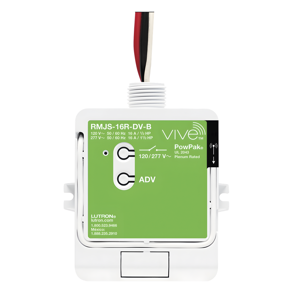 [RMJS16RDVB] Módulo de relevador inalámbrico PowPak con Softswitch para cargas de iluminación de propósito general, 16 A, 120 / 277 V, Clear Connect RF, compatible con hub Vive