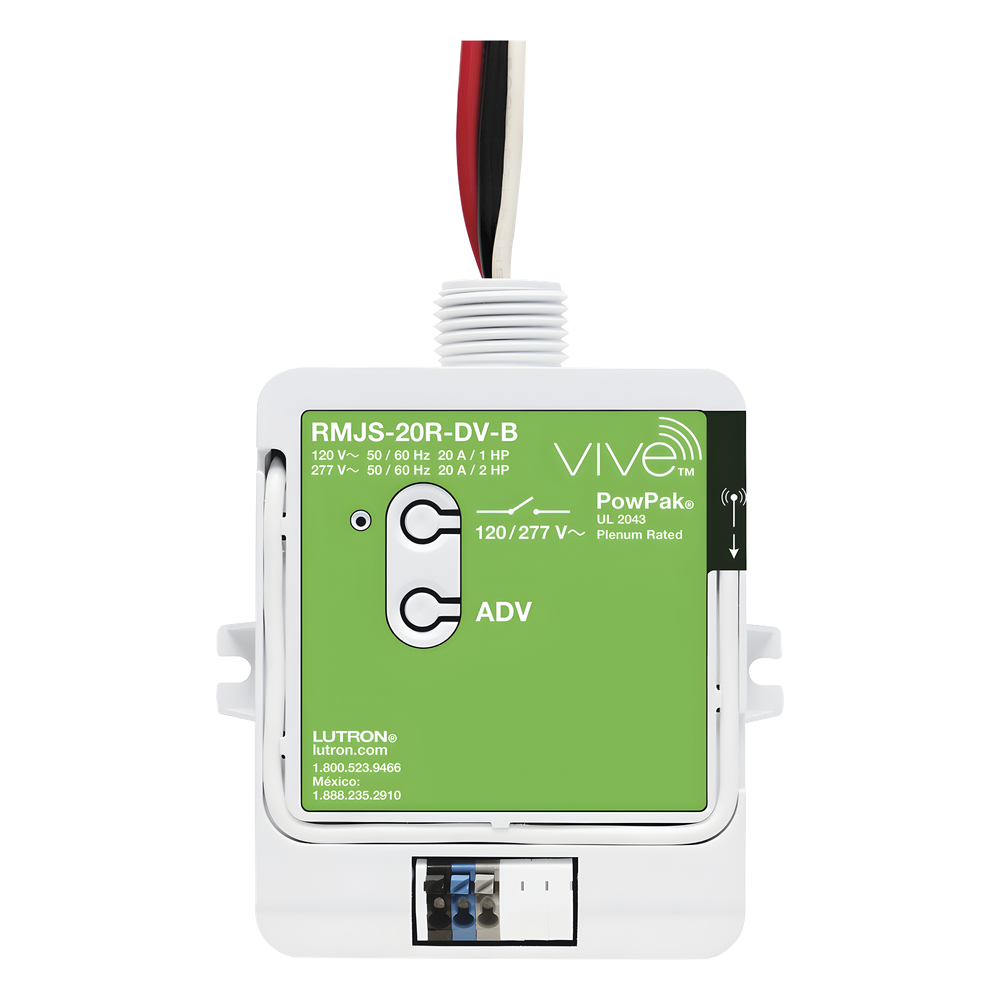 Módulo de relevador inalámbrico PowPak de 20 A para control de contactos, 120 / 277 V, con Softswitch, compatible con controles Pico y sensores Radio Powr Savr del sistema Vive