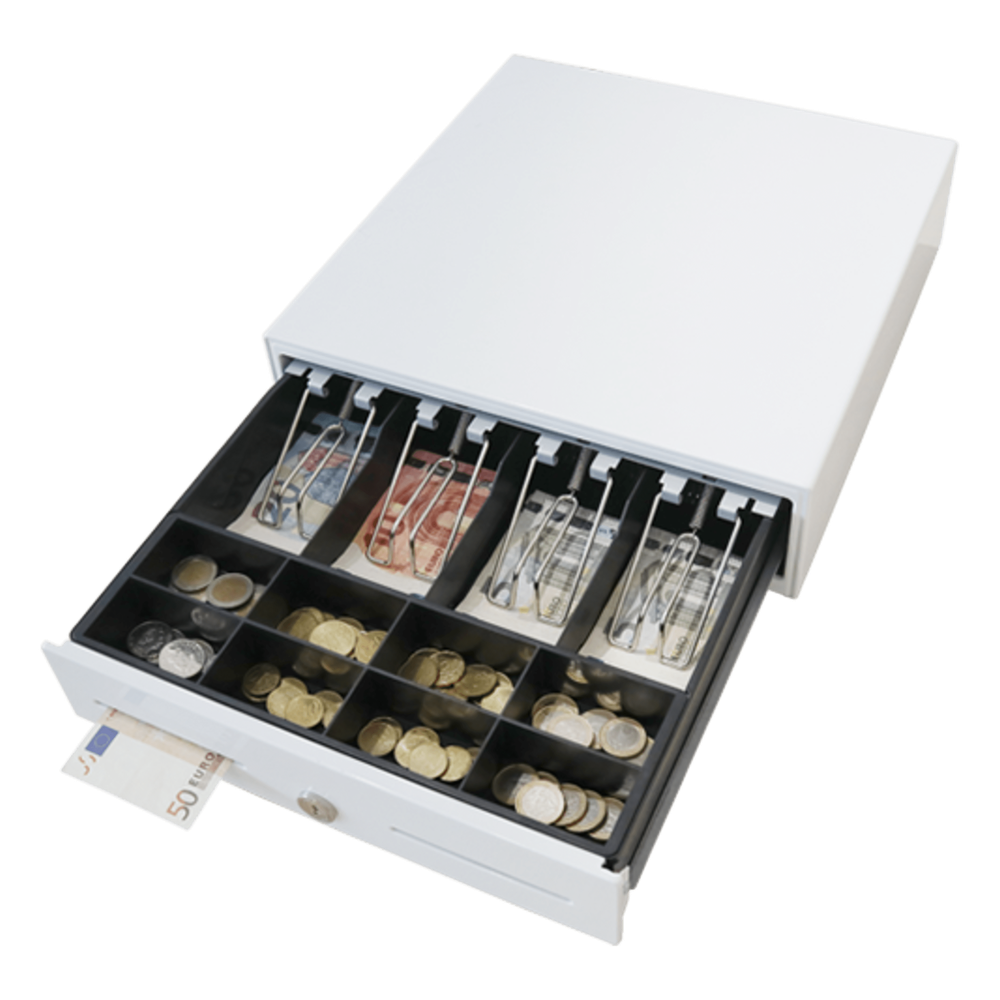 [MK330] Cajón para Efectivo / Serie MK / Compacto 330 mm / 4 Billetes + 8 Monedas / Apertura RJ12 / Clips Metálicos / Punto de Venta
