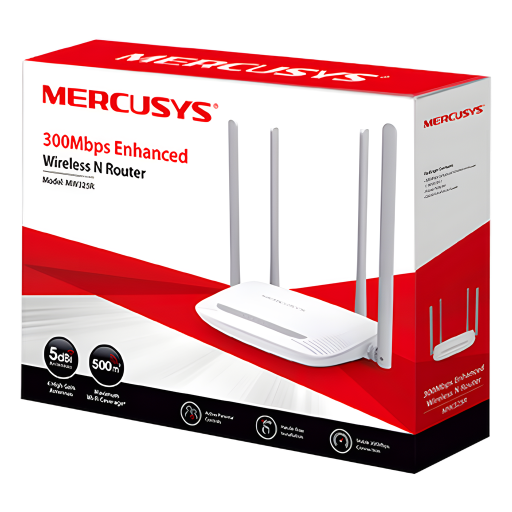 Router Inalámbrico N Mejorado / 2.4 GHz de 300 Mbps / 1 Puerto WAN 10 / 100 Mbps / 3 Puertos LAN 10 / 100 Mbps / 4 Antenas de 5 dBi