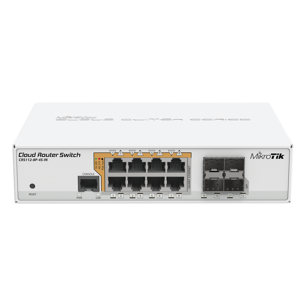 Cloud Router Switch Administrable L3, 8 puertos 10 / 100 / 1000 Mbps con PoE Pasivo ó 802.3af / at, 4 Puertos SFP