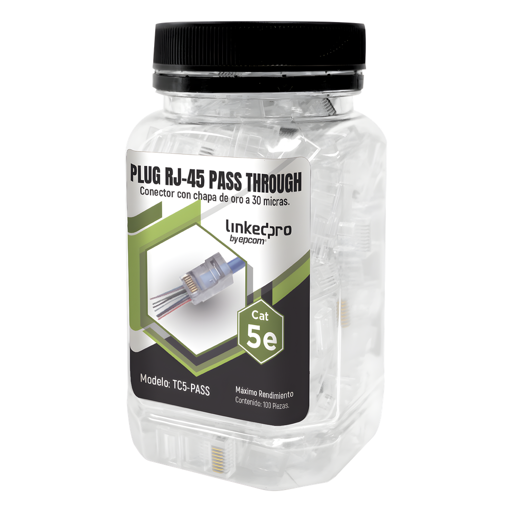 [TC5-PASS] Bote con 100 Plugs Pass Through RJ45 Cat5e sin Blindaje