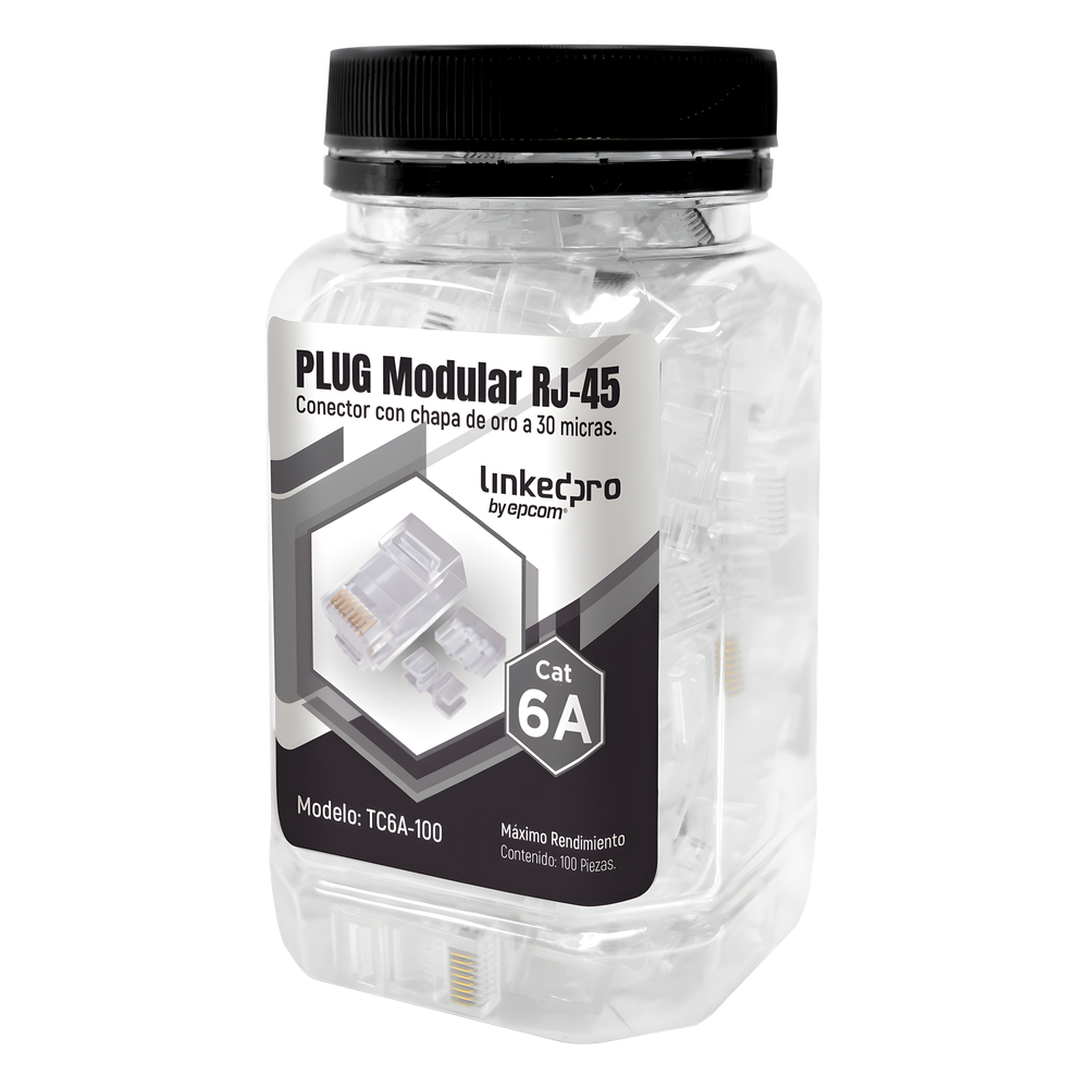 Bote con 100 piezas de Plug Modular RJ45 Cat6A Chapado de Oro