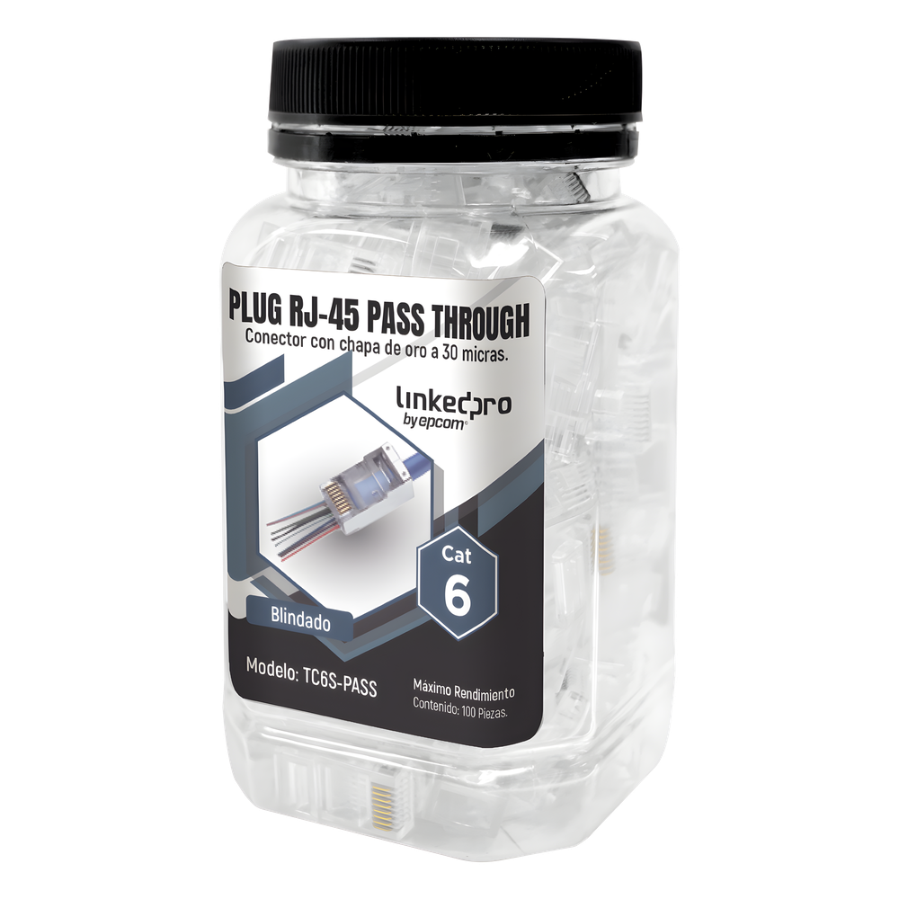 Bote con 100 Plugs Pass Through RJ45 Cat6 blindado Chapado