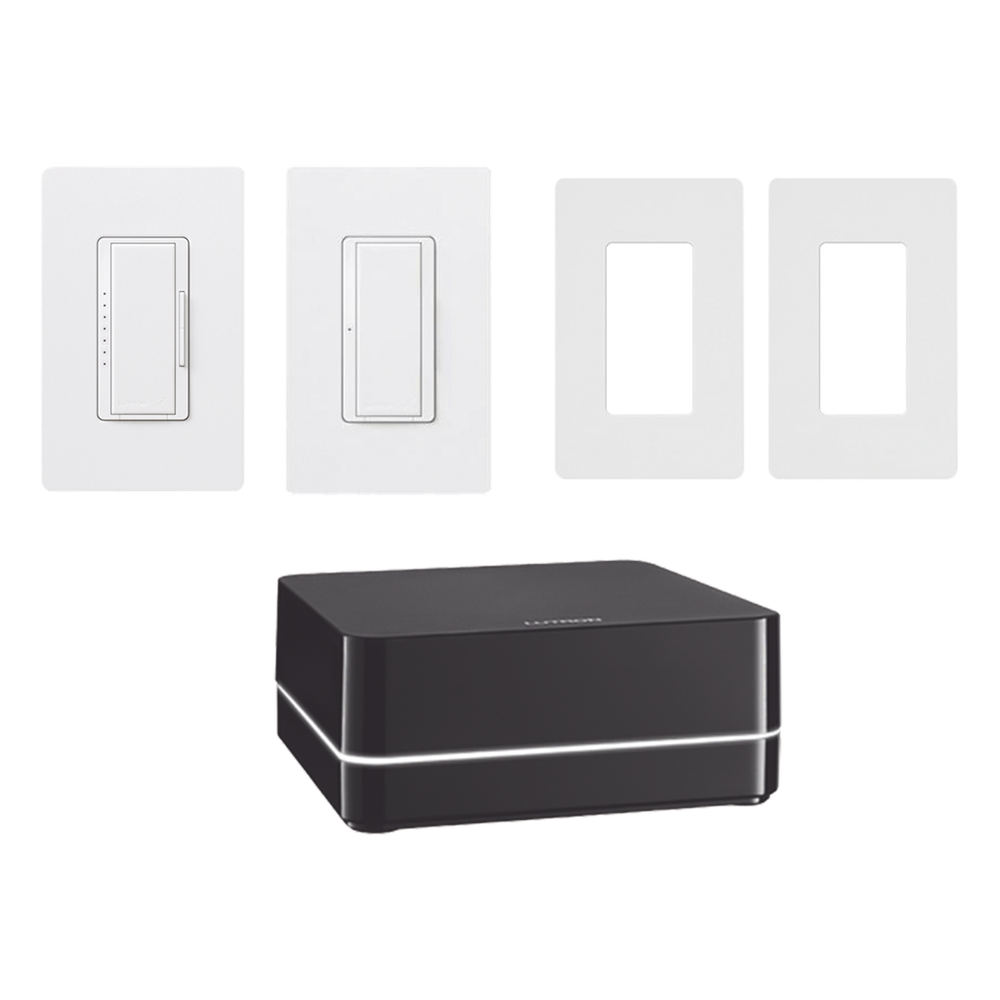 [KITRA2SELECT1] Kit de control de iluminación RA2 Select con repetidor principal, atenuador de 600 W, interruptor de 8 A y dos placas Claro, control desde la app Lutron y asistentes de voz