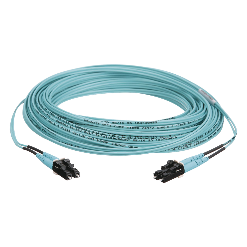 Jumper de fibra óptica OM3, LC-LC, dúplex, 10 m, aqua