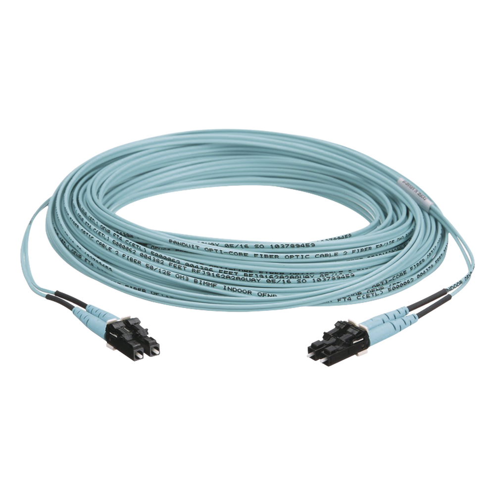 Jumper de fibra óptica OM3, LC-LC, dúplex, 50 m, aqua