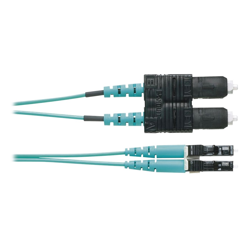 Jumper de fibra óptica OM3, LC-SC, dúplex, 1 m, aqua