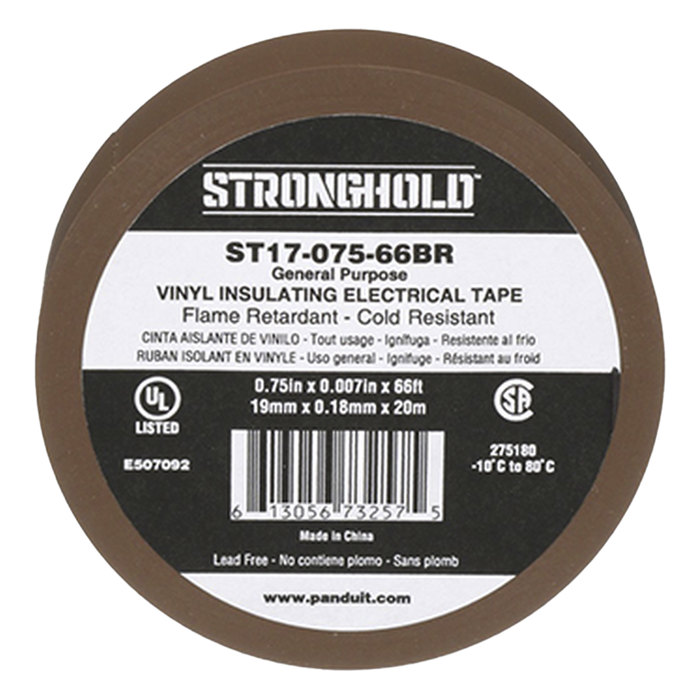 Cinta Eléctrica STRONGHOLD para Aislar, de PVC, Uso General Reparación y Mantenimiento, Grosor de 0.18mm (7 mil), Ancho de 19mm, y 20.12m de Largo, Color Café