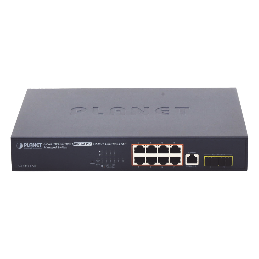Switch Administrable Capa 2, 8 Puertos PoE 802.3af / at Gigabit, 140 W Max, 2 Puertos SFP, Modo Extendido Hasta 250 m, Soporta Administración en Nube CloudNMS ( HW Rev. 3.0 en Adelante)